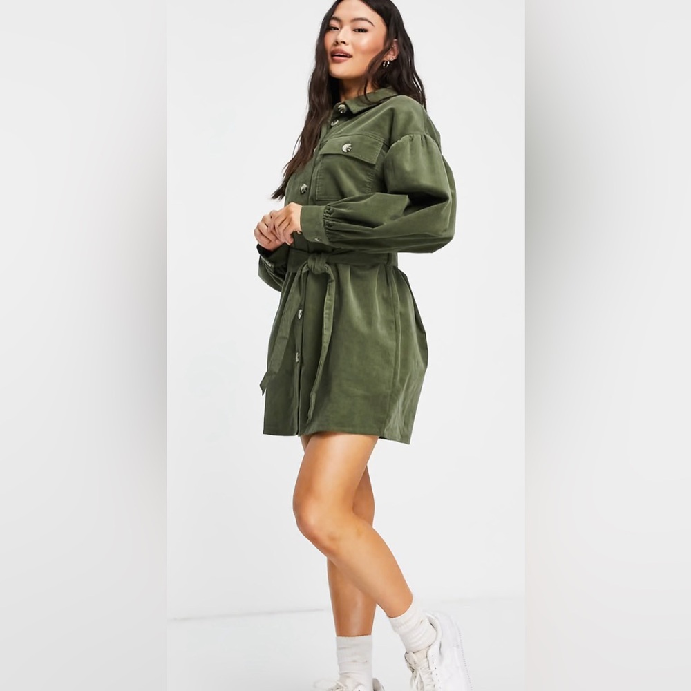 ASOS DESIGN cord mini shirt dress in khaki size 10 runs oversized A476